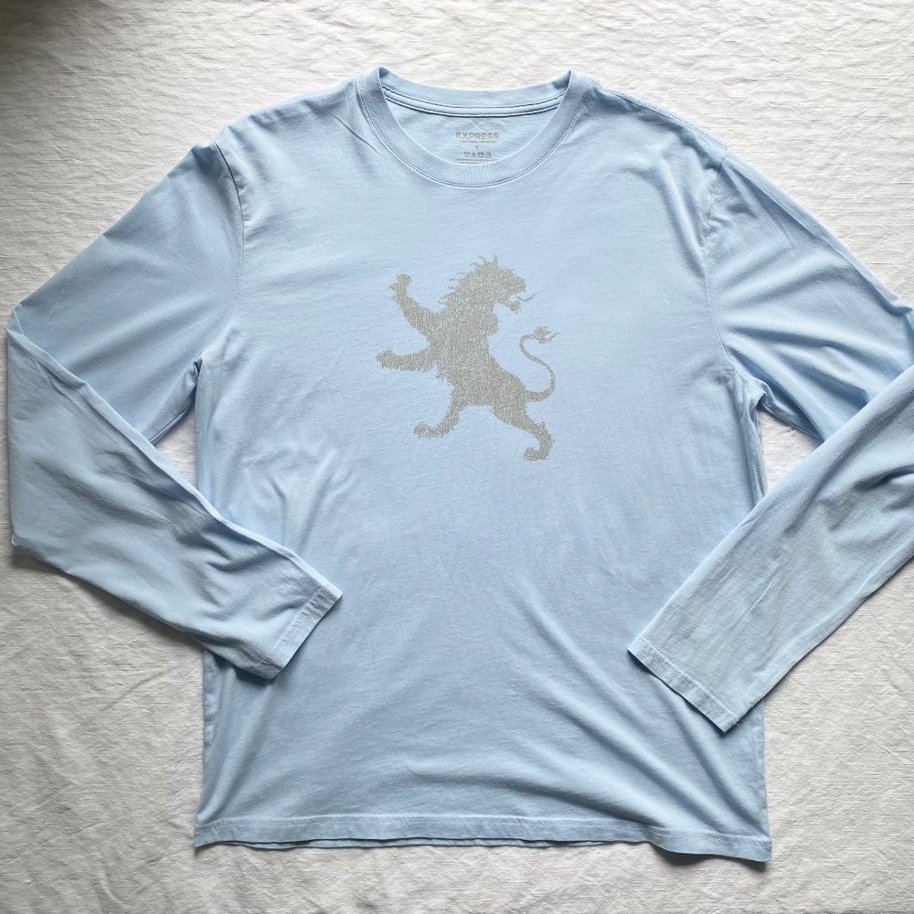 New True Y2K Vintage Men's Express Long Sleeve T Shirt S Lg Light Baby Blue Lion